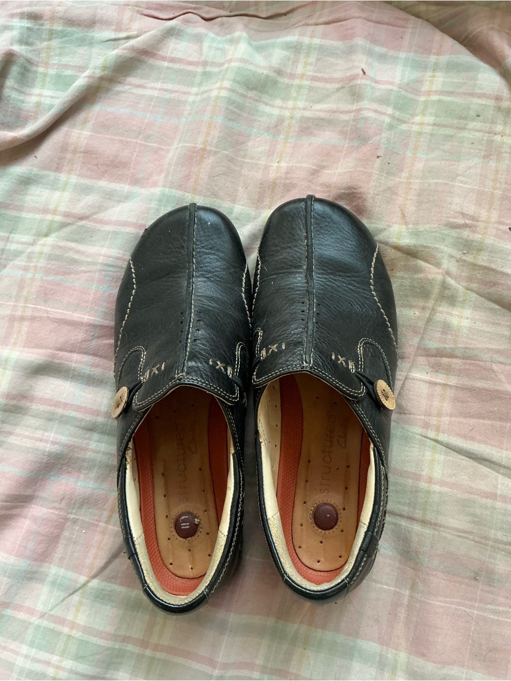 Clarks Black Leather Slip-On Women's Flats with Button Accent